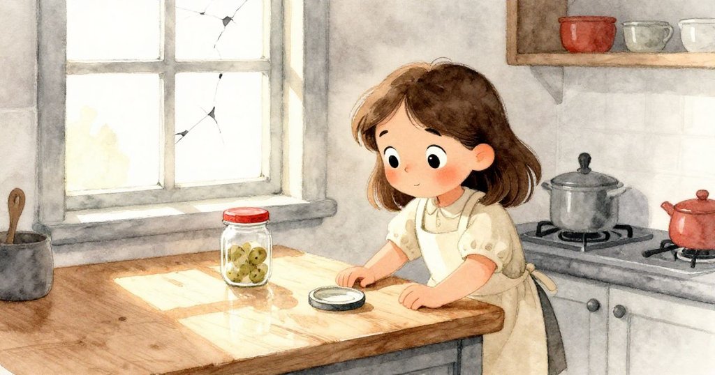 Olive站在溫馨廚房中，注視著缺失蓋子的罐子，陽光從裂縫窗戶射入，呈現出柔和反射與好奇神情。