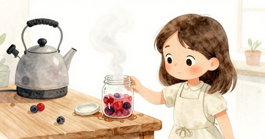 Olive的手在木桌上輕觸黏膩處，旁邊的水壺冒出濃郁果香蒸氣，對比鮮明，充滿探索與好奇。