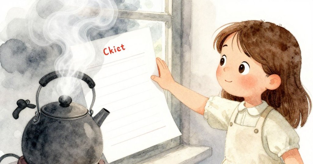 Olive迅速推動窗戶關閉，近鏡頭捕捉漂浮於蒸氣中的食譜卡與淡淡的醋霧，神情警覺而果斷。