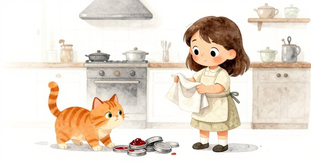 Olive忙碌地用布收拾四散的金屬蓋，活潑的貓咪在櫃台上嬉戲推動沾滿果醬的蓋子，場面生動有趣。