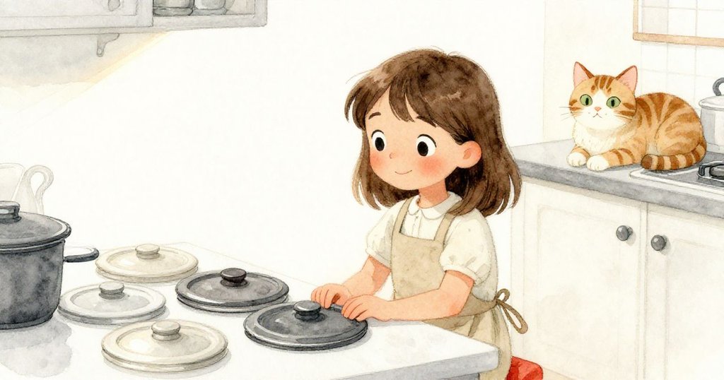 Olive在廚房中安坐微笑，滿意地欣賞整齊排列的蓋子，旁邊的貓咪安靜休息，營造溫馨平和氛圍。