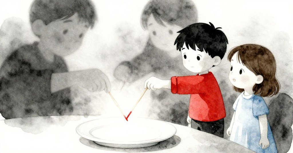 Seth與Gwen同時伸手取牙籤, 盤中微光映襯下手勢層次分明, 霧蒙玻璃與隊列背景呈現猶豫情緒