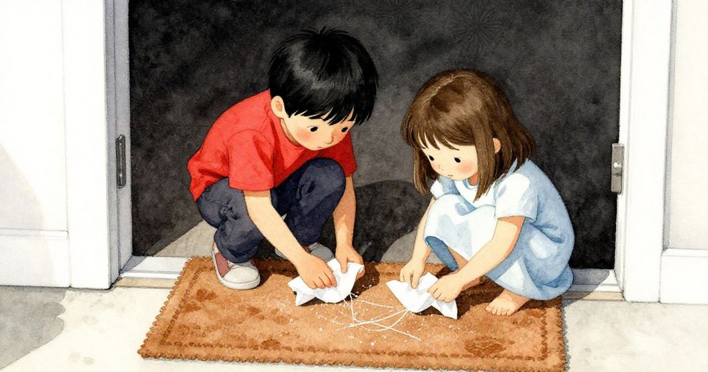 Seth蹲下觀察門墊糖痕, Gwen靠近用紙巾擦拭, 高角度呈現細膩糖線與室內溫馨光影