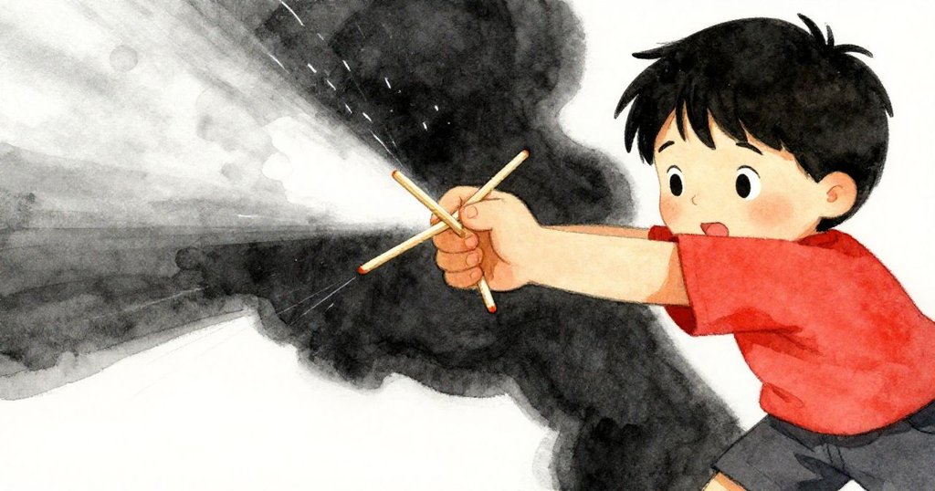 Seth快速折斷牙籤, 手部動態帶有模糊軌跡, 木質光澤明亮, 呈現決斷與緊張瞬間