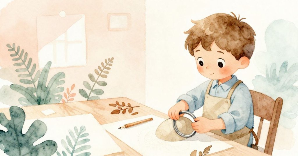 艾蒙在溫暖的工作角落中用心製作工藝，桌上散落報紙和樹葉，他專注而平靜，展現故事開頭的靜謐氛圍