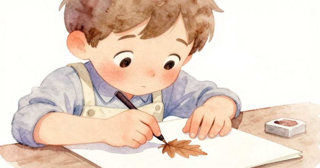 艾蒙專注地將棕色樹葉按在印台上，眼神專注，手法細膩，展現創作過程的細緻情感