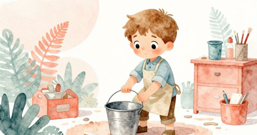 從低角度看艾蒙專注地用金屬桶輔助創作，表情堅定，背景中展現工藝角落的溫暖與細膩光影