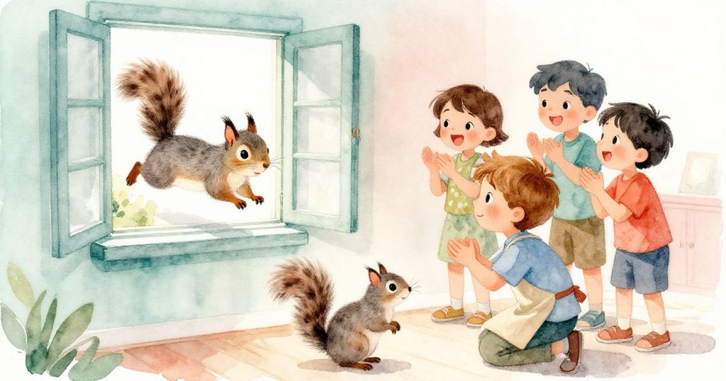 一隻灰松鼠突然闖入開著的窗戶，門邊兩名孩子興高采烈拍手歡呼，艾蒙蹲下幫忙打開窗戶，畫面充滿動感與喜悅