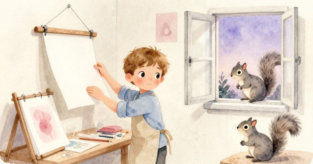 傍晚時分，艾蒙滿意地在滴水的框架下換上新紙，藝術作品晒乾，背景中看到灰松鼠從窗戶離去，表現出和諧的結局