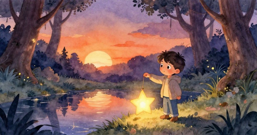 哈里斯在暮光森林中擺放星形燈籠於平靜倒影池邊，樹葉輕拂，臉上滿是專注與期待。