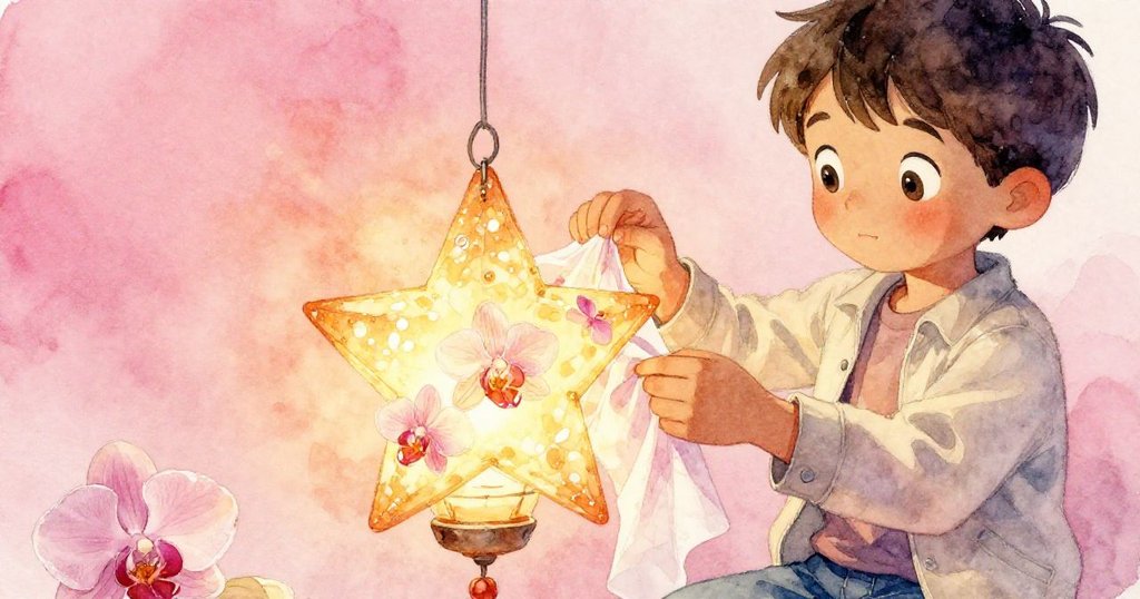 哈里斯專注修補燈籠破損處，輕按蘭花色紙片並點上糊狀膠水，展現細膩修復的畫面。