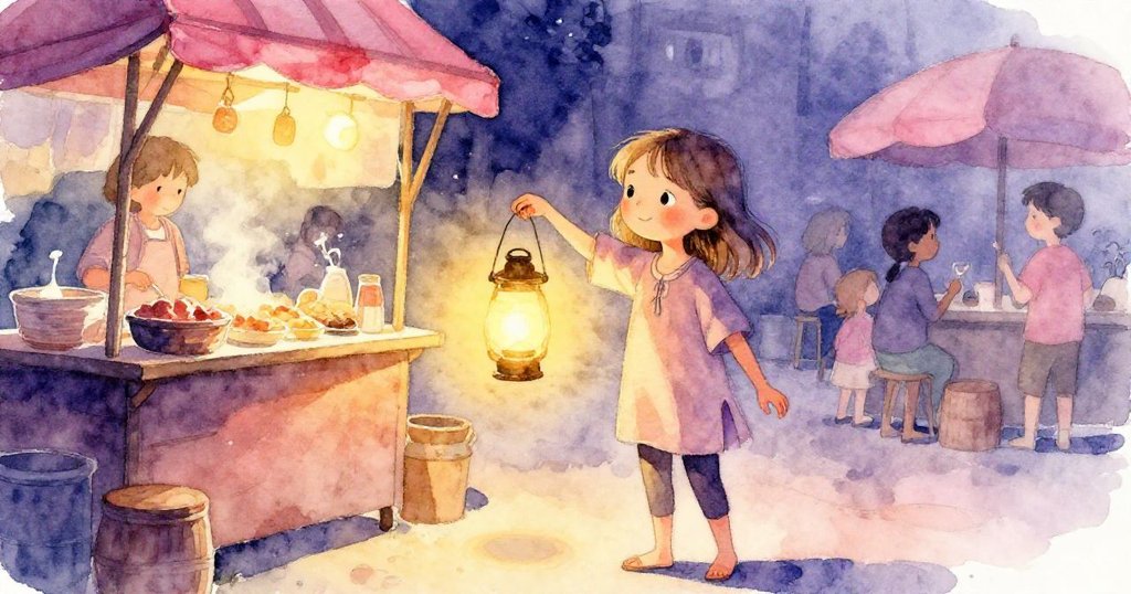 芙蘭在食物攤位邊輕輕搖晃手腕燈籠，燈光響鈴伴隨烤爐聲和遠處節奏，流露溫柔感動。