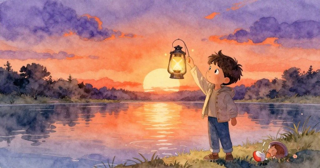 哈里斯舉起修復後的燈籠，燈光在池面上舞動映出寧靜夜空，粘土瓶輕敲木棒，展現結局安詳。