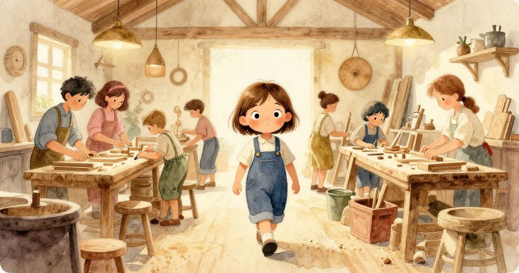 克拉走入溫暖木工室,背景中同事忙碌,鋸末散落,燈光映出古樸木器,臉上充滿期待。