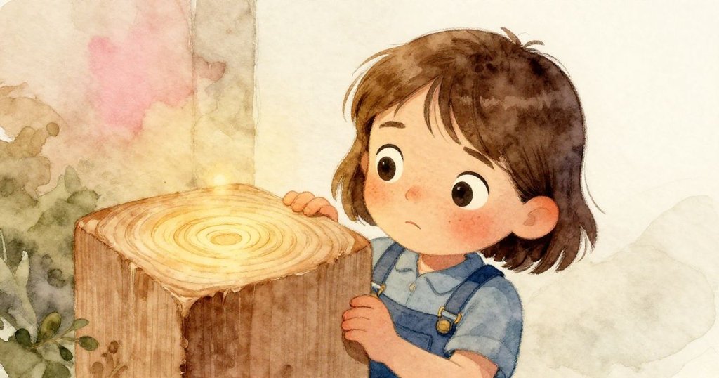 克拉近距離觀察木板上微小圓痕,燈光映出淡月光,神情專注,象徵前期測試痕跡。