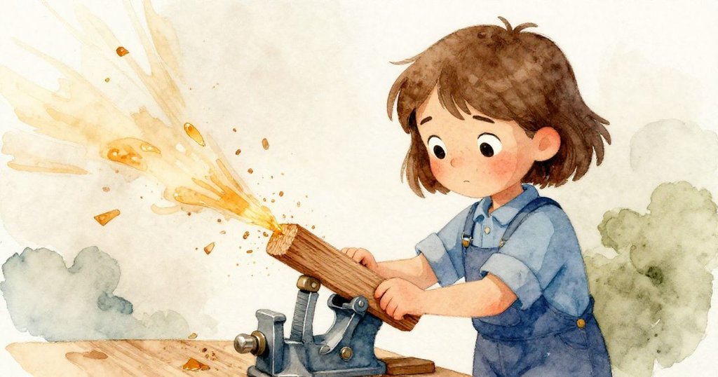 克拉在斜視角中將木板固定於夾具間,用粗紙打磨,蜜色鋸末隨動感散落,動作專注。