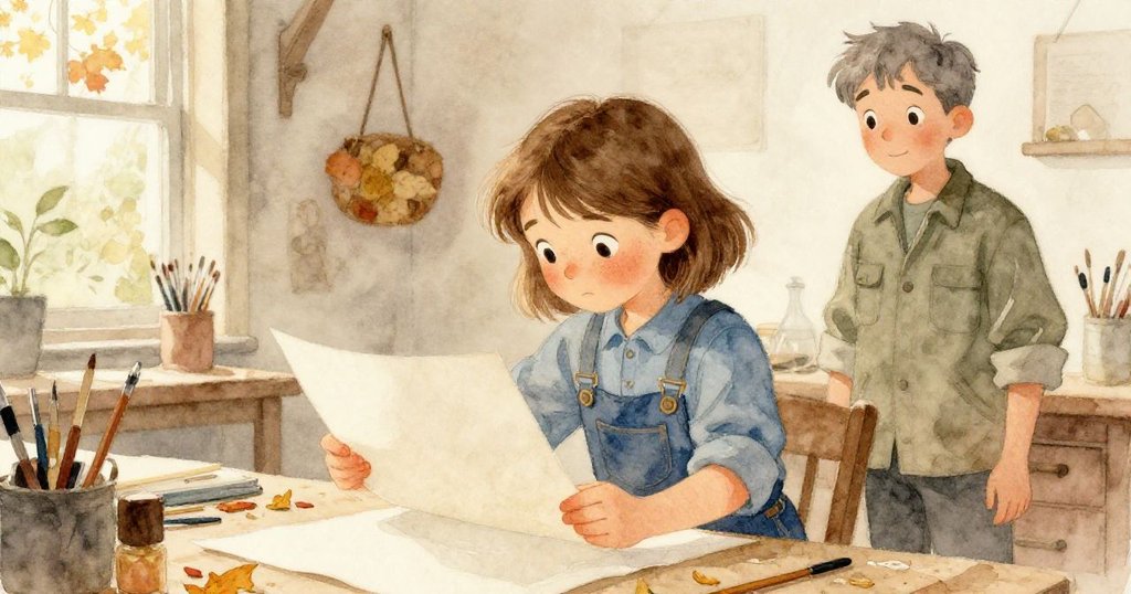 克拉在木工室內換用中砂紙,窗外透出秋日景色,奧斯卡在旁關注,氣氛溫暖細緻。