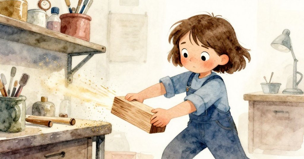 克拉快速旋轉木板,粉塵隨動作飛揚,金屬工作台上展現出追求完美的活力與緊迫感。