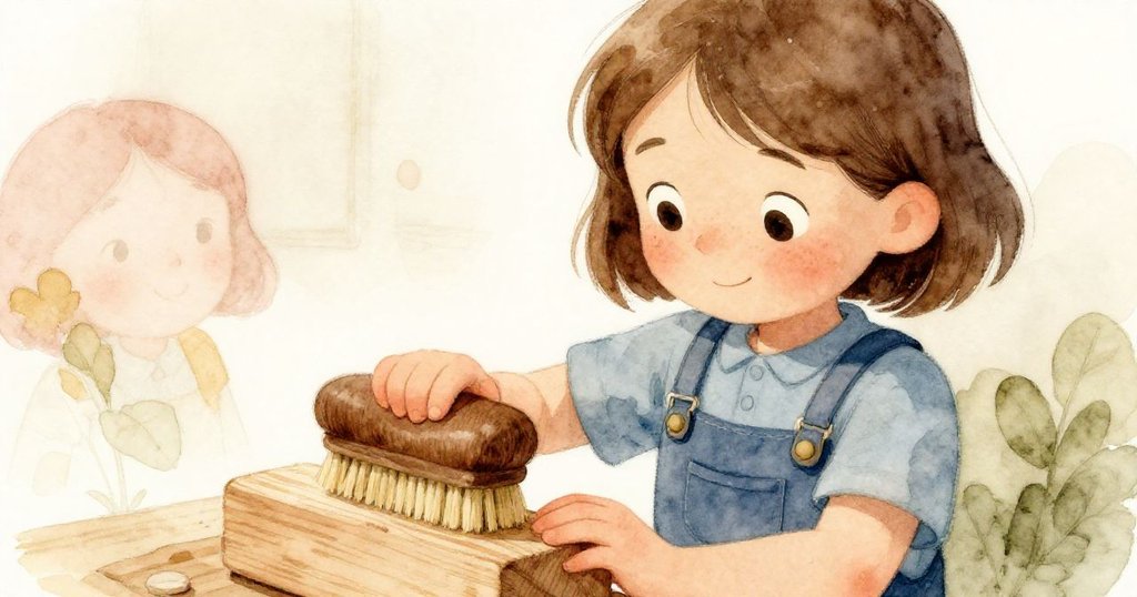 克拉滿足地輕刷木板兩面,臉上露出柔和微笑,穩步走向觸感測試區,象徵挑戰後的平衡與完成。