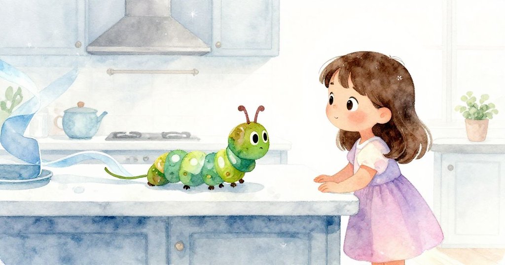 六月剪影映在亮光櫥台上，絲帶滑動露出綠色毛毛蟲和濕紗紙，場景溫暖而充滿希望。