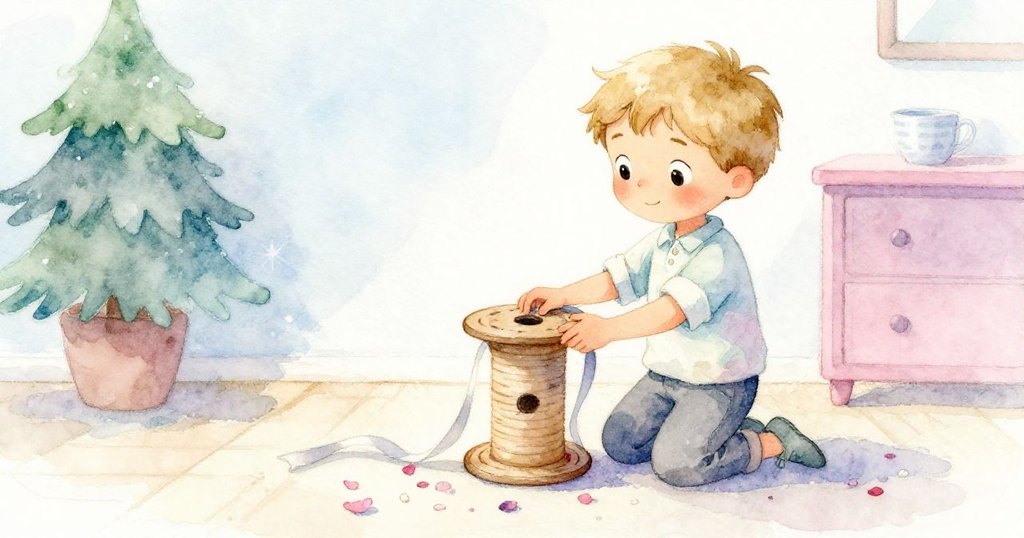 喬納斯細心轉動絲帶卷，溫暖手感與花瓣墊映襯出室內柔和燈光，動作專注且充滿細膩情感。