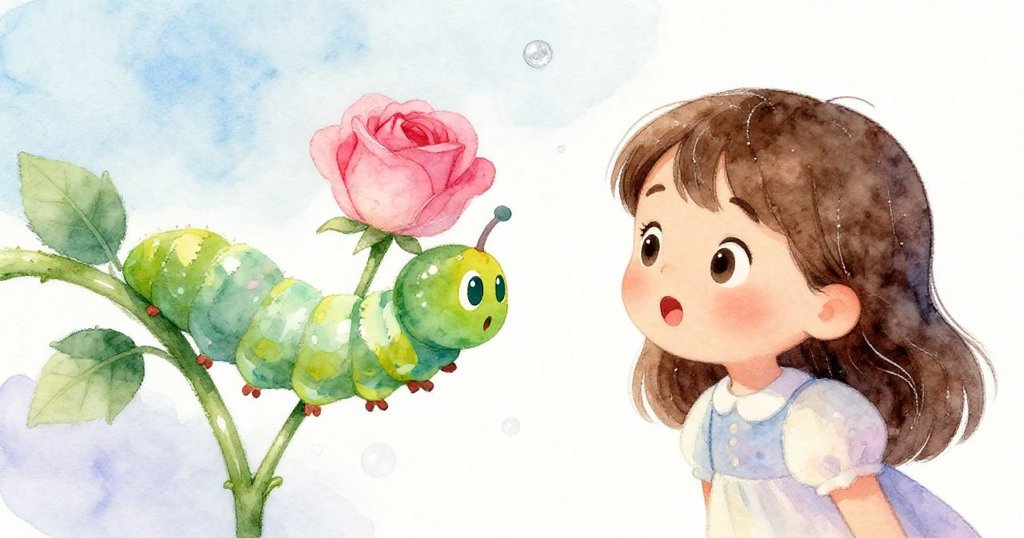 六月驚訝仰望毛毛蟲於光亮玫瑰上攀爬並紡銀絲，畫面細膩呈現童趣與神奇瞬間。