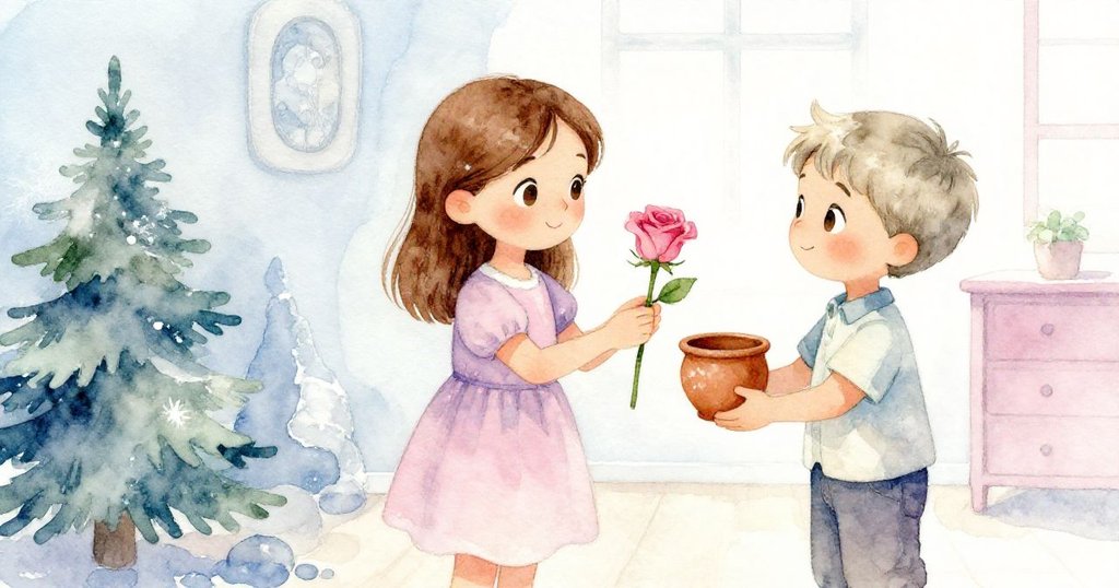 六月輕柔穩住沾露玫瑰，喬納斯遞上陶壺，柔和光線下呈現時間流動與溫馨交織。