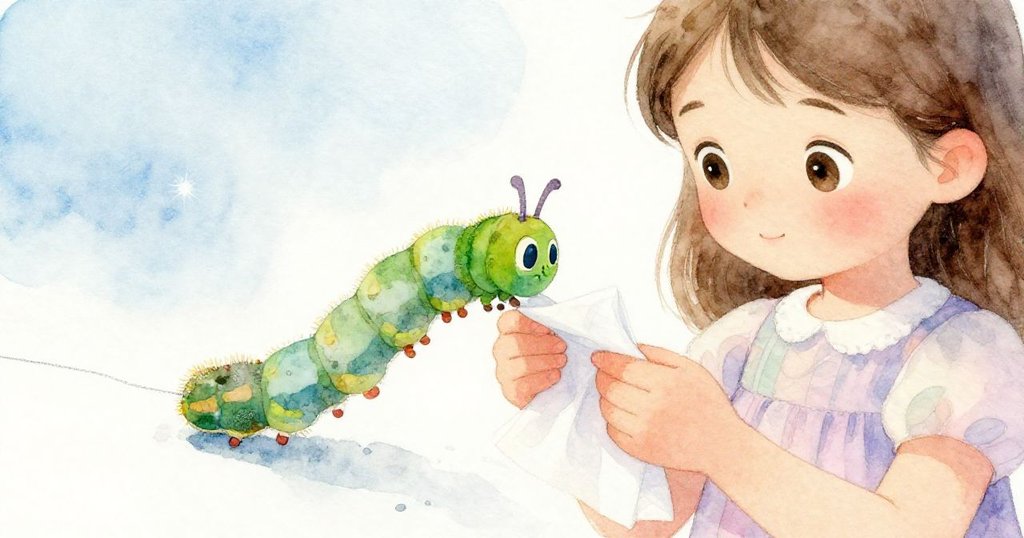 六月驚喜凝視毛毛蟲紡絲，輕摺乾紗紙創造新平台，細膩觸感中展現奇妙發現。