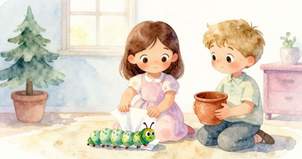 六月與喬納斯溫情攜手，將毛毛蟲安置於摺好紙上，臉上洋溢喜悅，結局溫暖圓滿。