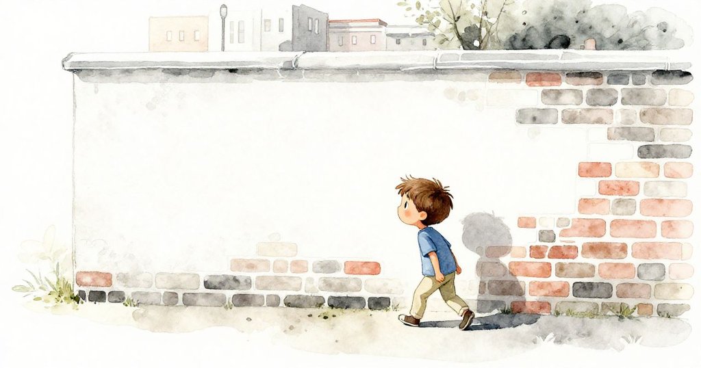 Finn站在磚牆前，早晨光線溫柔，牆上斷續的白粉線引起他好奇，開始探查牆面秘密。