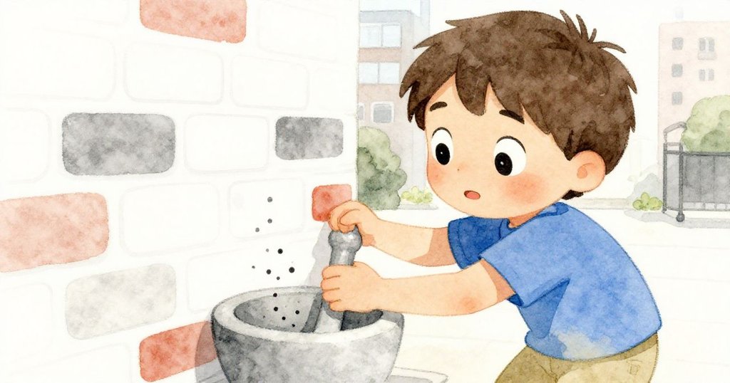 Finn近距離注視牆面，以指尖輕觸牆縫，表情充滿好奇和專注，細緻展示了牆面質感。