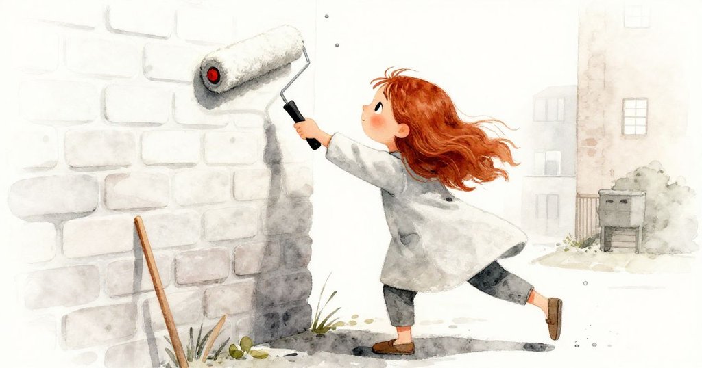 Greer使用滾筒作畫，背景物件產生變形視角，木棒和水滴交織，營造出節奏感與都市活力。