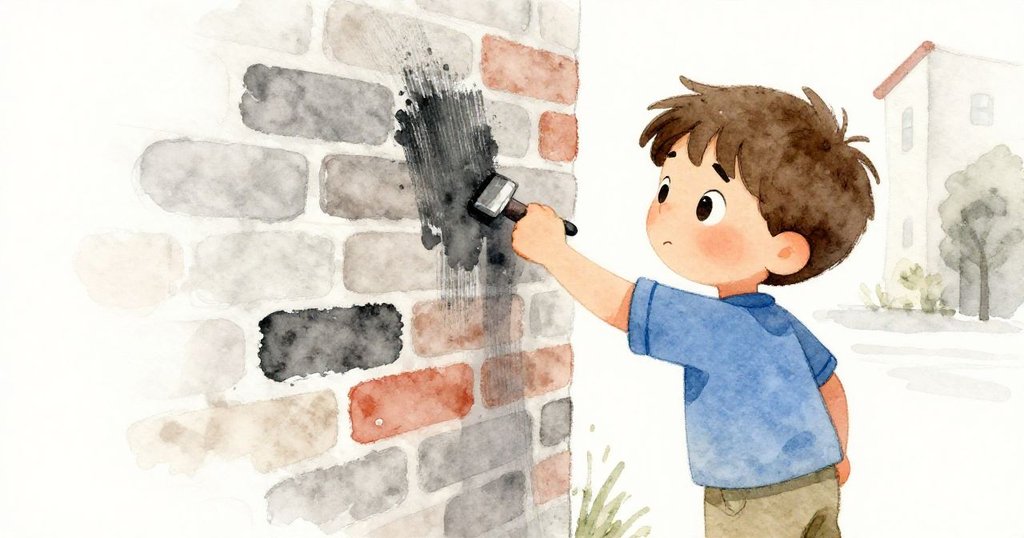 Finn努力調整畫筆，緊握刷柄對抗乾燥油漆的挑戰，神情堅定表現出專注與奮鬥精神。