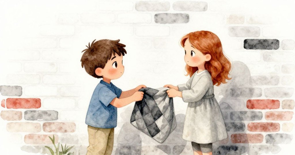 Greer將布巾遞給Finn，兩人互助清理畫面紅痕，微笑中展現出團隊合作與完成牆面修補的喜悅。