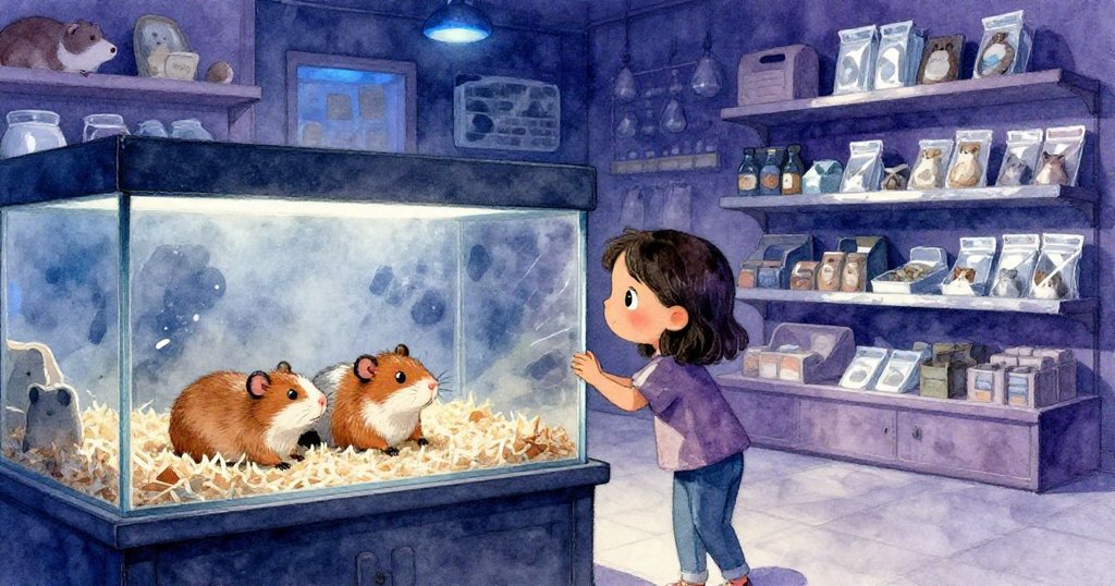 Thea站在寵物店中，靠著冷玻璃水族箱觀察隱藏在床墊下的倉鼠，神情專注，環境充滿藍紫與銀色光影。