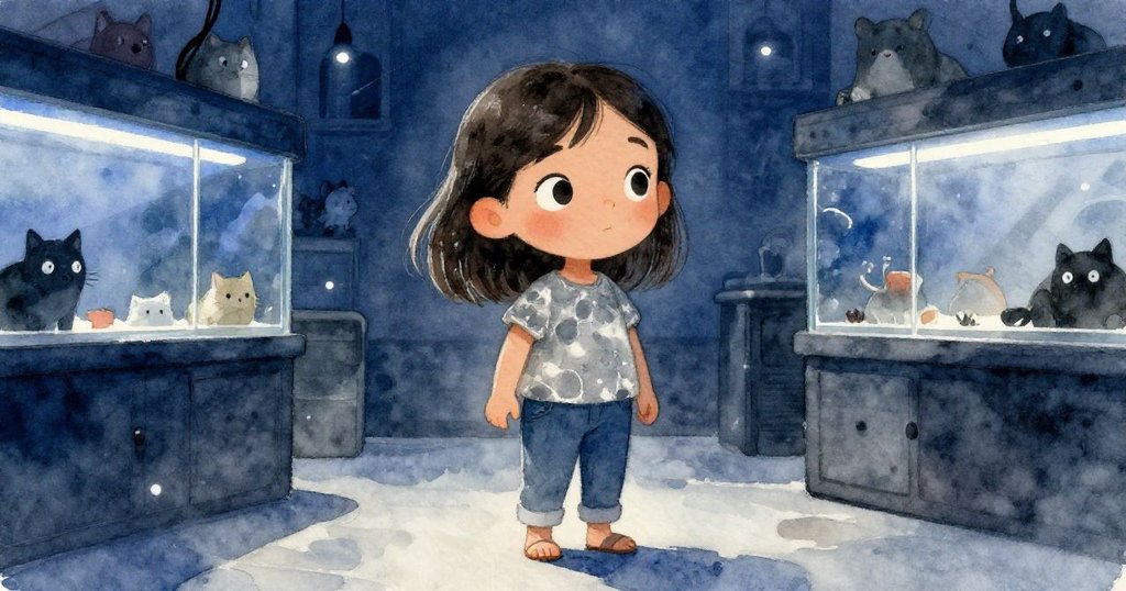 Thea踮腳仔細觀察玻璃箱中躍現的倉鼠，臉上流露出專注與期待，藍光與銀影映襯其神情。