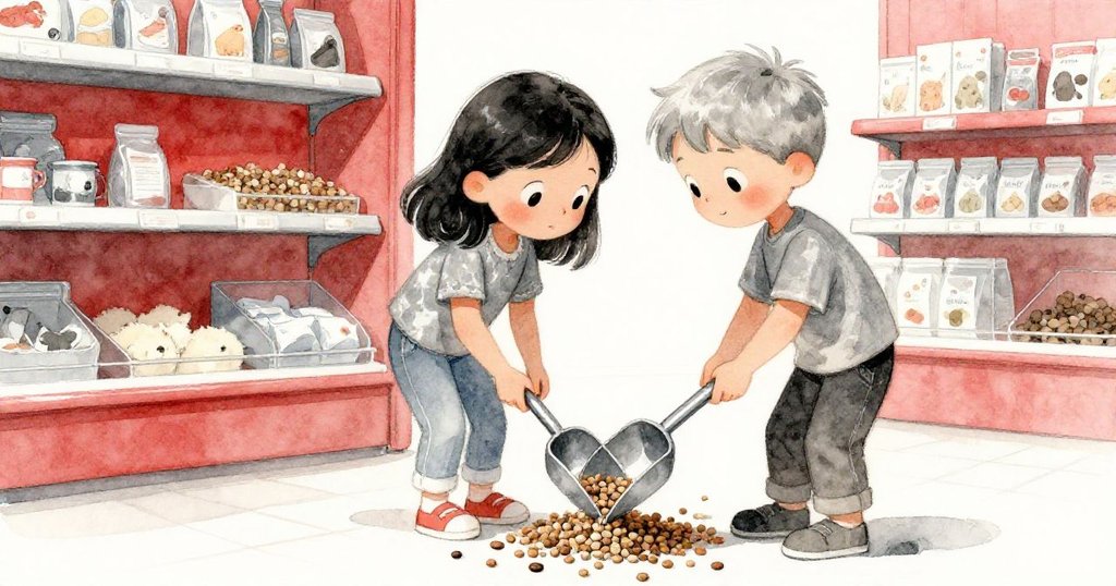 回憶中的寵物店內，Thea與Orson協作清理散落的飼料，輕柔處理秤盤旁的碎粒，充滿溫暖與懷舊氣息。