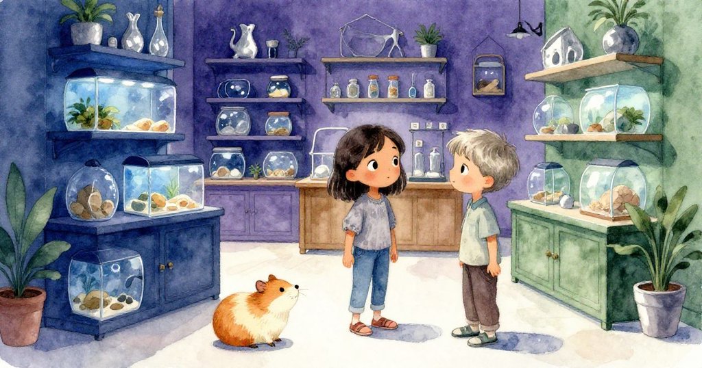 寵物店全景中，Thea、Orson與帶奶油斑點的倉鼠置身於充滿藍光、書架與魚缸交織的溫馨空間，場面和諧生動。
