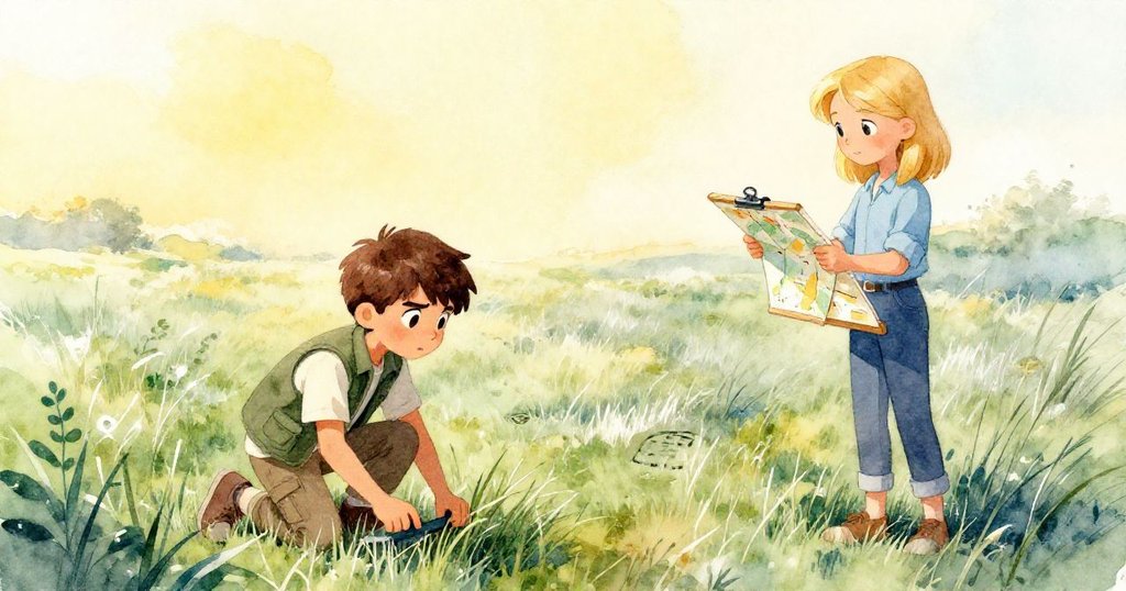 Griffon 膝跪銀綠草地整理草叢，Elsa 手持地圖，開啟探索初始，場景廣闊且充滿期待。