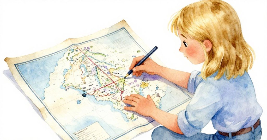 Elsa 細看印有不均邊框藍格的舊地圖，紙張紋理清晰，表情認真，場景明亮溫暖。