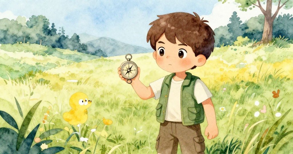 Griffon 舉起有裂痕的指南針於層次分明草地前景，背景樹木模糊，專注神情顯示探索緊張。