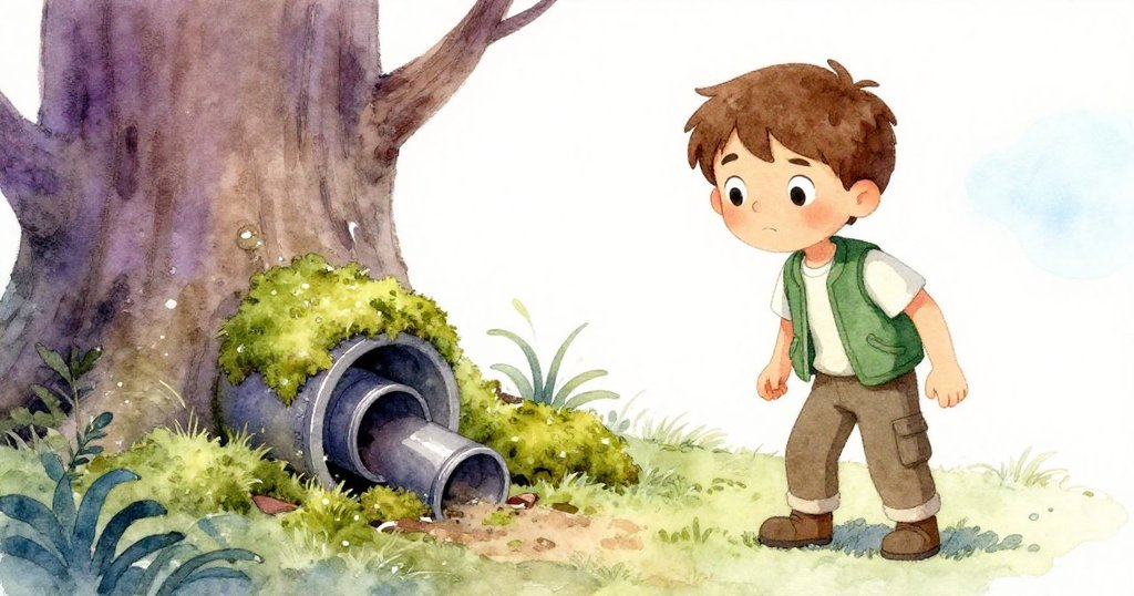 Griffon 未察覺踩過青苔下隱藏的鐵管，秘密細節於樹邊顯現，畫面神秘卻寧靜。