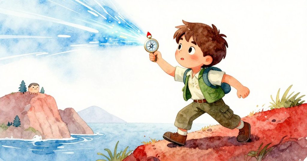 Griffon 在小丘上攀登舉起指南針迎藍光，紅色針穩定，動感線條強調奮力向前決心。