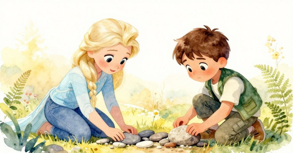 Elsa 與 Griffon 合作恢復指示石，交換卵石和拾起石頭，場景溫暖展現希望與合作成果。