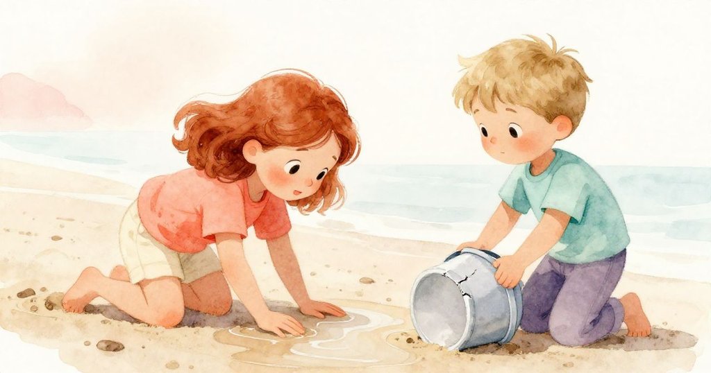 Ruby用力拍打海灘上的濕沙，Grey扶著有裂痕的塑料桶，海灘背景明亮，呈現出逐步建造沙塔的情節