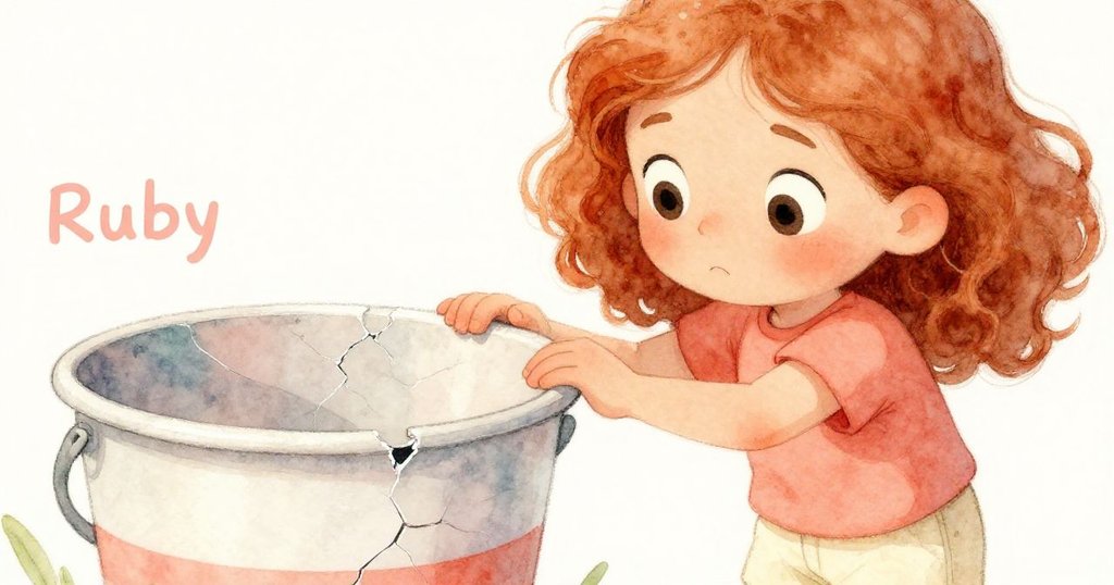 Ruby近距離展現決心的眼神和拇指觸碰破裂塑料桶的細節，沙灘背景朦朧呈現情感變化