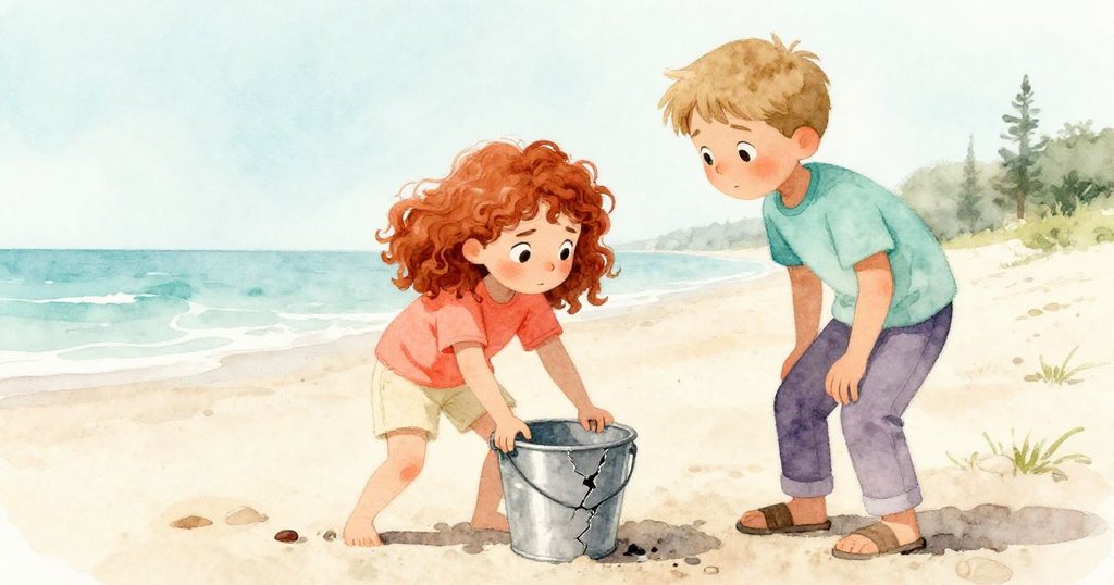 Ruby努力拉扯裂邊塑料桶，Grey從旁協助，雙人互動突顯團隊合作，沙灘情景細膩呈現