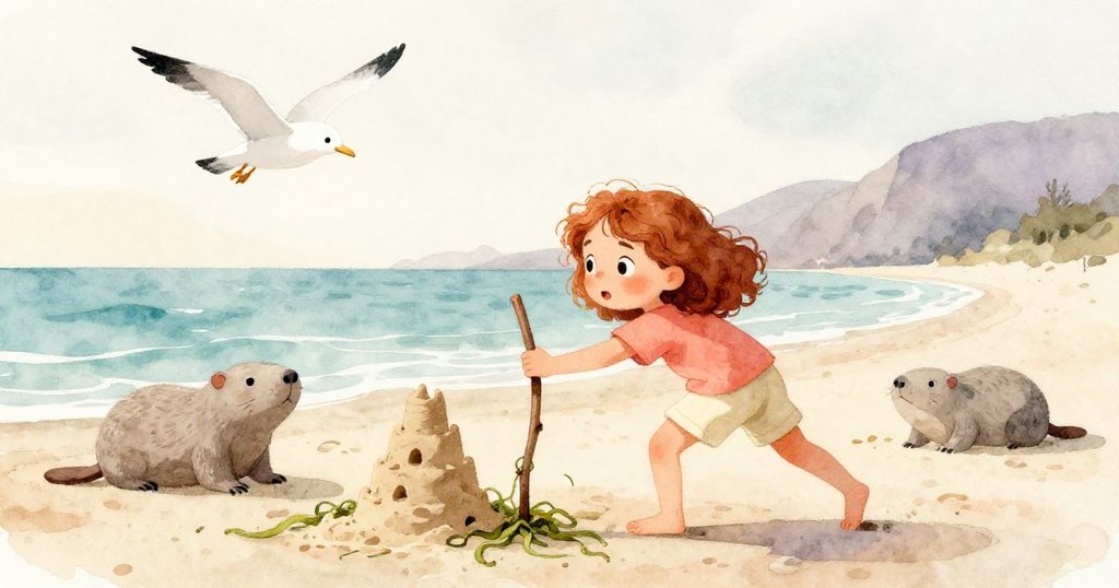 Ruby在海灘上用木棒解開纏繞沙塔的海藻，潮水上漲，鷗鳥飛翔，豬狀雕塑傾斜展現變化場景