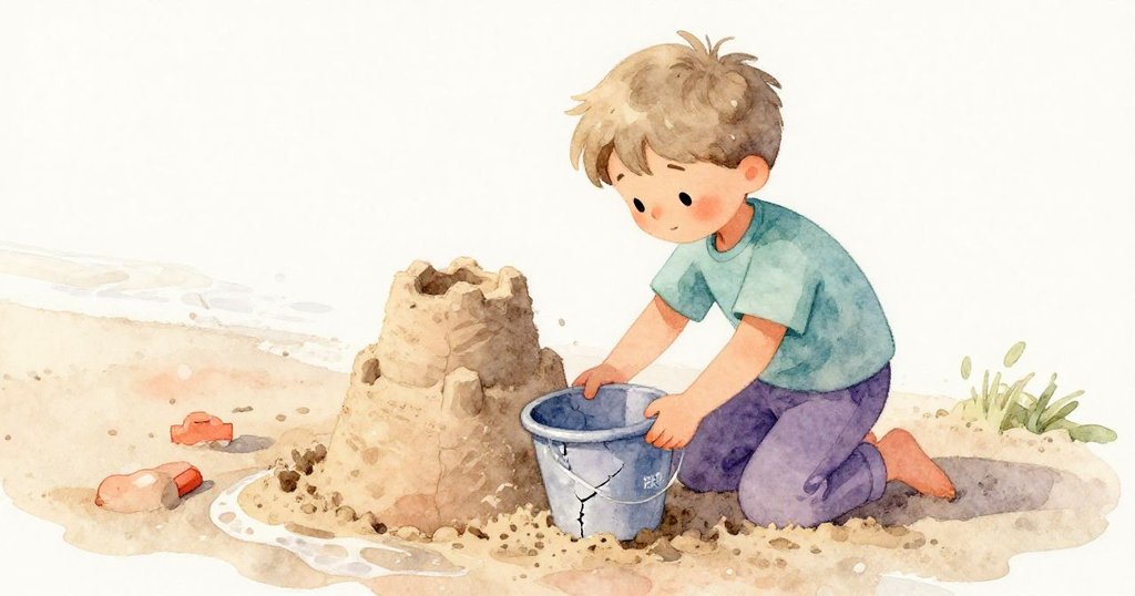 Grey專注輕輕滾動裂縫桶邊修整沙塔，沙塔出現整齊紋理轉變，展現奇妙修復瞬間