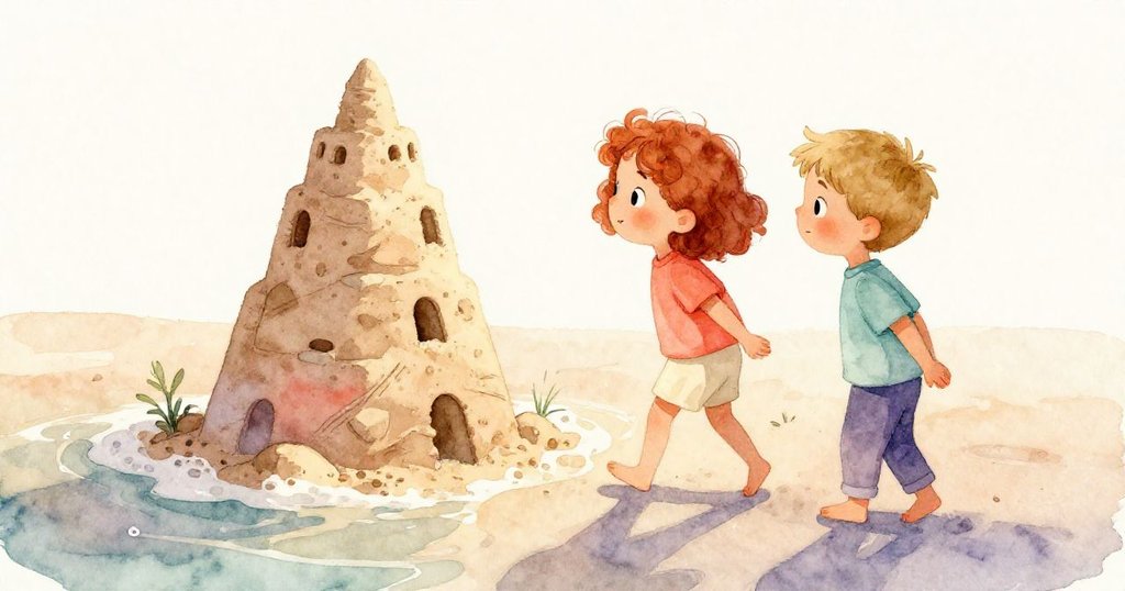 Ruby與Grey退後欣賞修復完美沙塔，海浪泡沫和海藻點綴畫面，展露未來探險契機